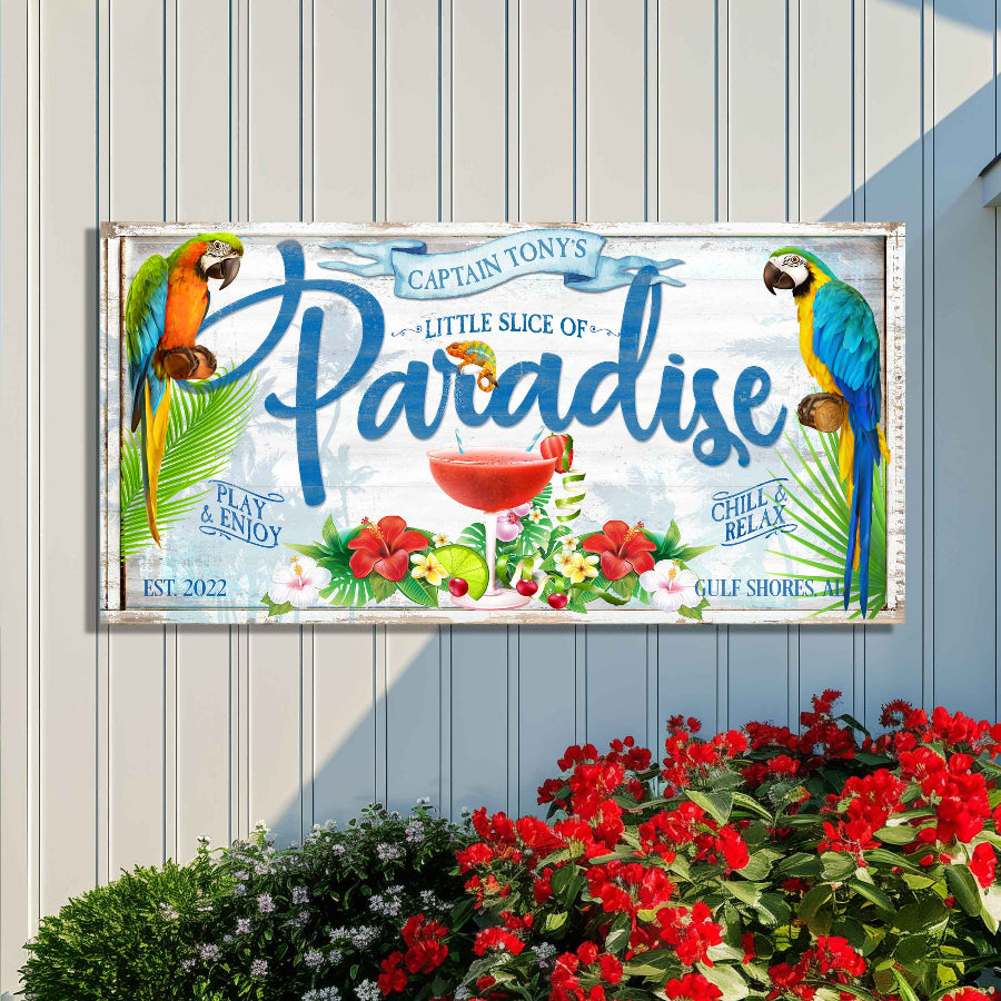 Patio signs pool decor of a margarita glass with two parrots and the words Little slice of paradise