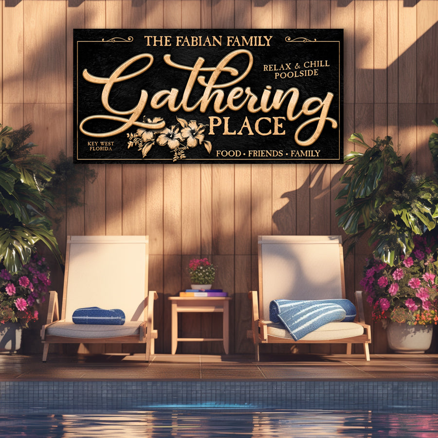 patio signs on a pool deck made of black and gold graphics.