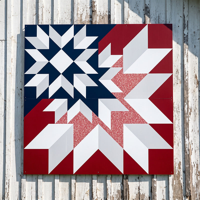 Patriotic barn quilt in red, white and navy, an eight point star block mounted on weathered white barn board