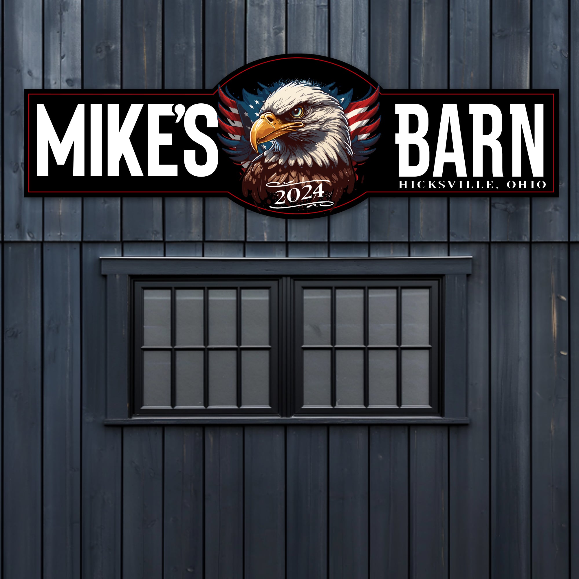 Patriotic Barn Sign with American Flag and Eagle, with Pesonalized name and city and state.