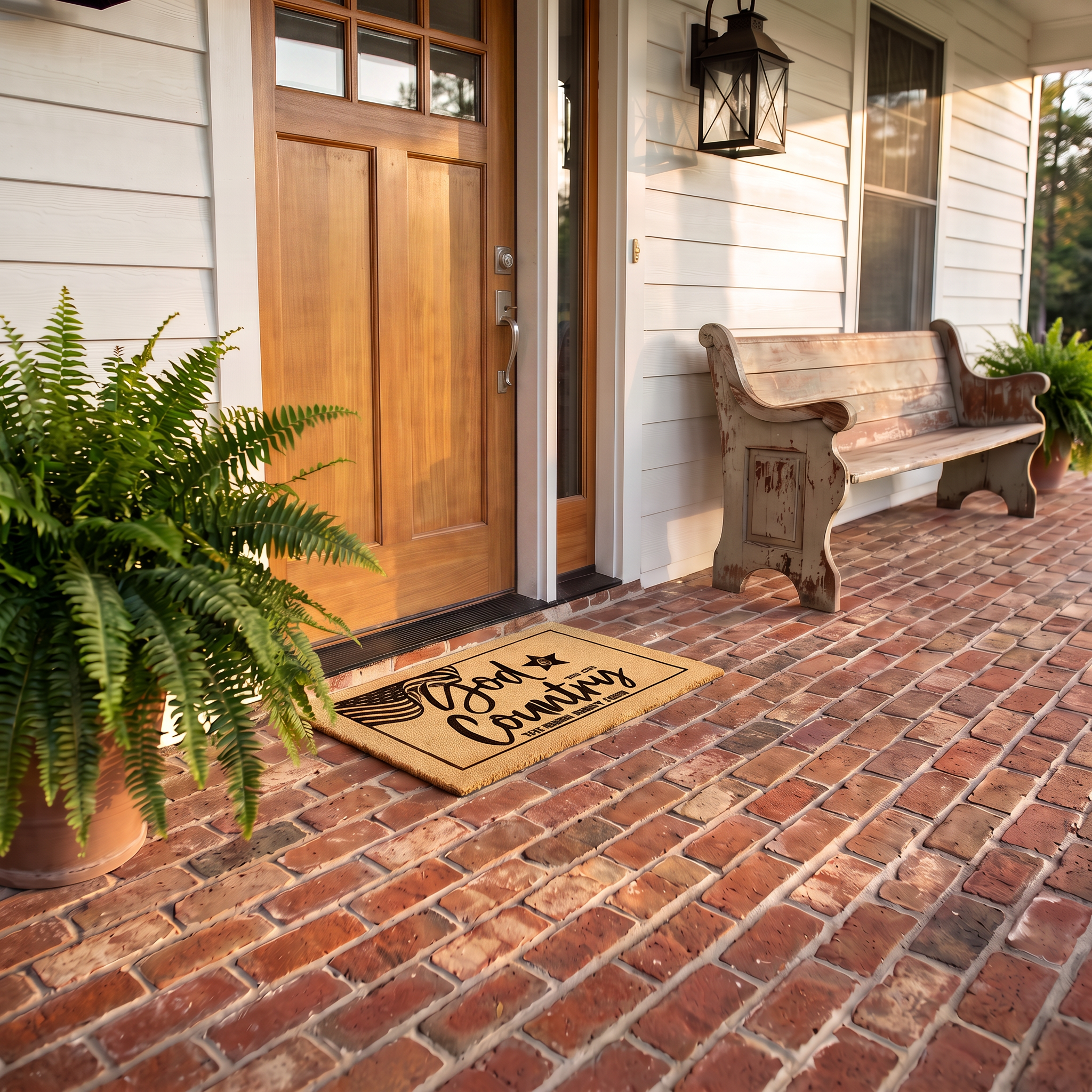 Patriotic coir welcome mat reading God and Country on a farmhouse brick porch with a bench