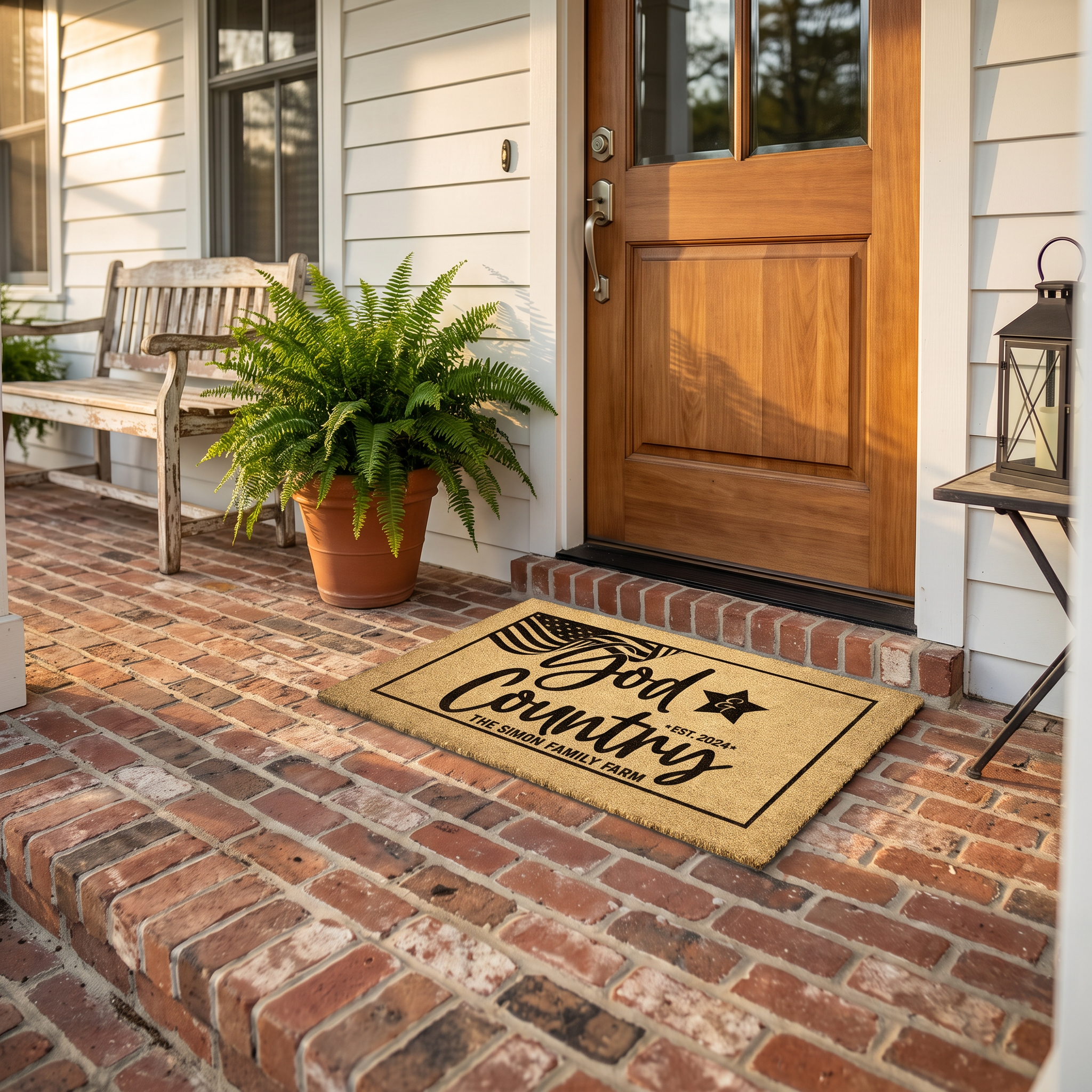 Patriotic doormat reading God and Country with a flag and star, personalized with a family farm name