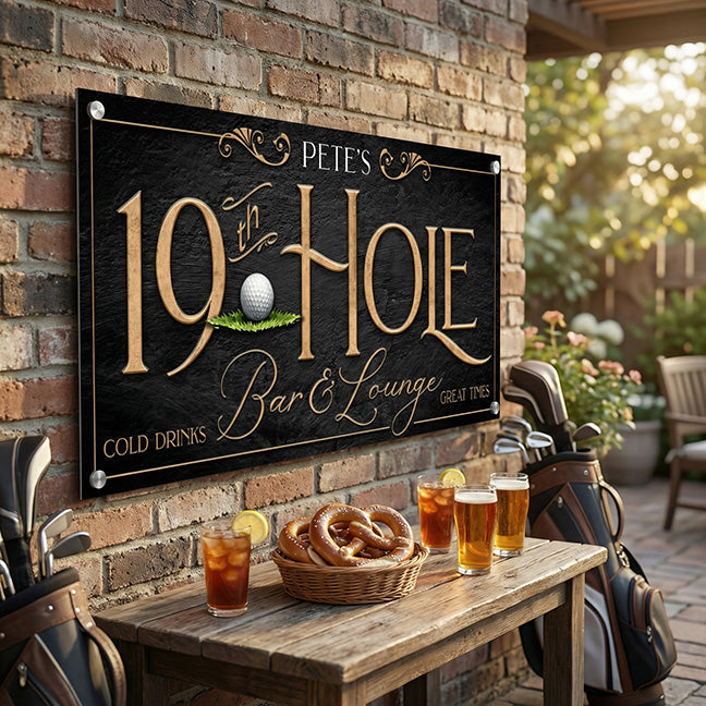 Personalized golf sign in a an outdoor setting with 'Pete's 19th Hole Bar & Lounge' sign, golf clubs, and drinks on a wooden table.