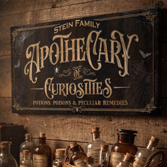 Personalized apothecary sign, gothic halloween wall art hung above antique potion bottles