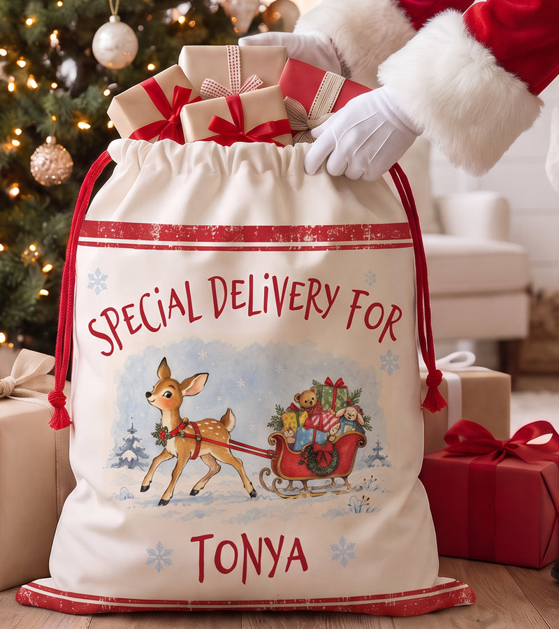 Personalized baby Santa sack in cream canvas with a red drawstring and a soft watercolour reindeer design