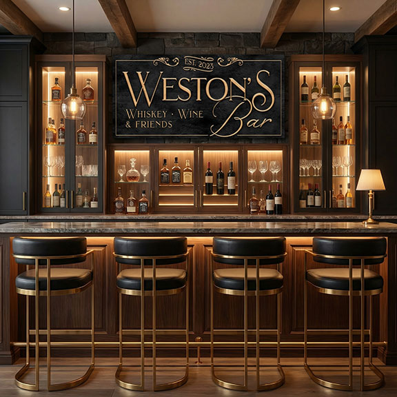 Bar interior with personalized bar decor 'Weston's Bar' sign, shelves with bottles, and bar stools.