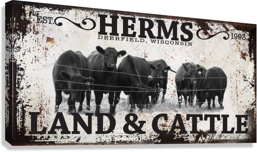 Personalized Cattle Ranch Signs Custom with black angus cows standing by the fence with the word (family name) Land and Cattle