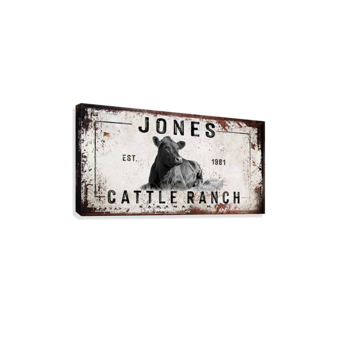 Personalized cattle ranch Cow Sign with rustic distressed frame with rusty edges. Cow and year established [Family Name] Cattle Ranch