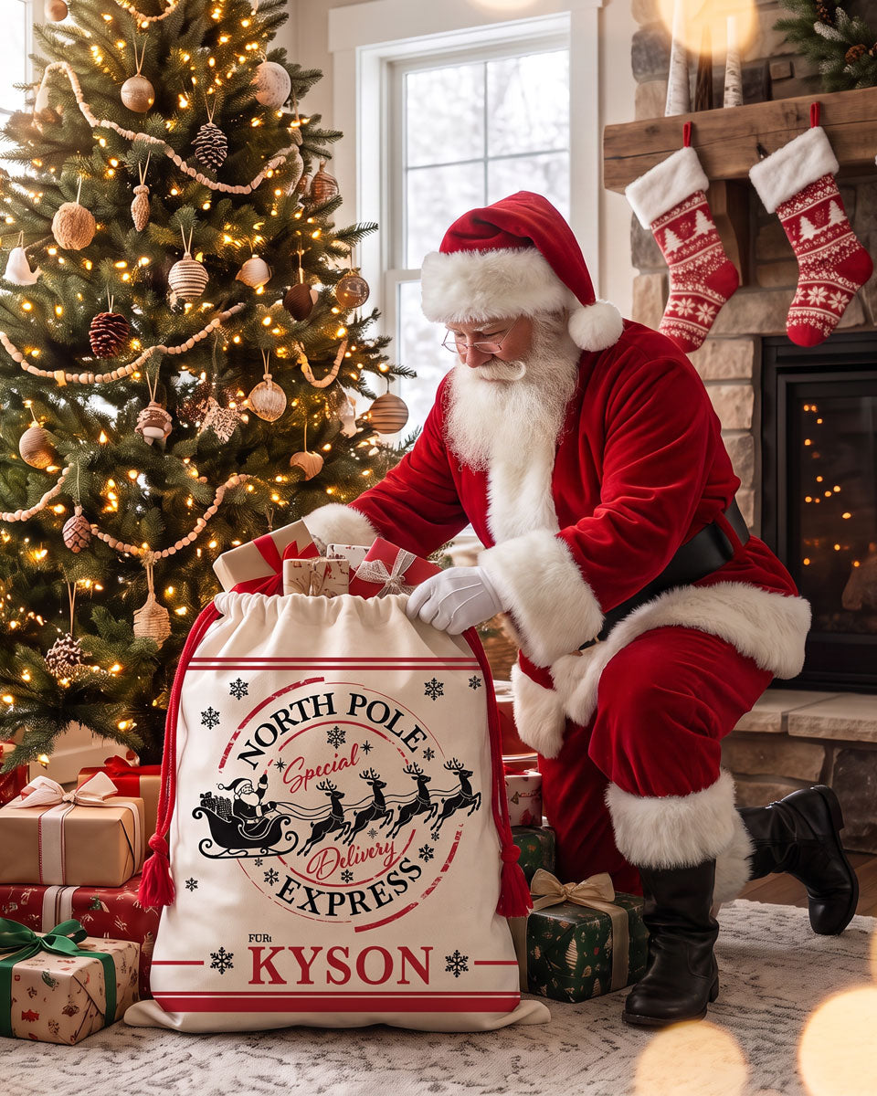 Personalized Christmas gift bag with Santa's sleigh silhouette and a name printed in red