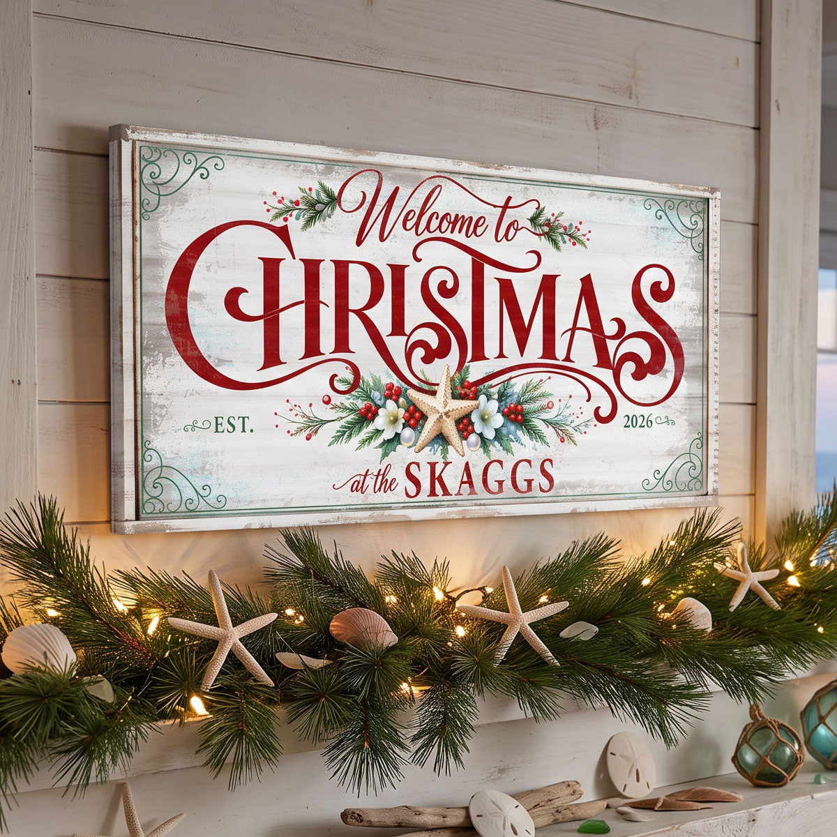 Coastal farmhouse Christmas sign on white planks with a lit garland of starfish and sea glass
