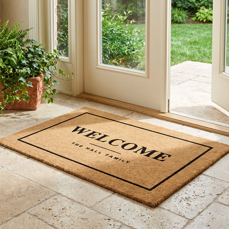 Personalized coir door mat reading Welcome with a family name, on a travertine patio beside ivy