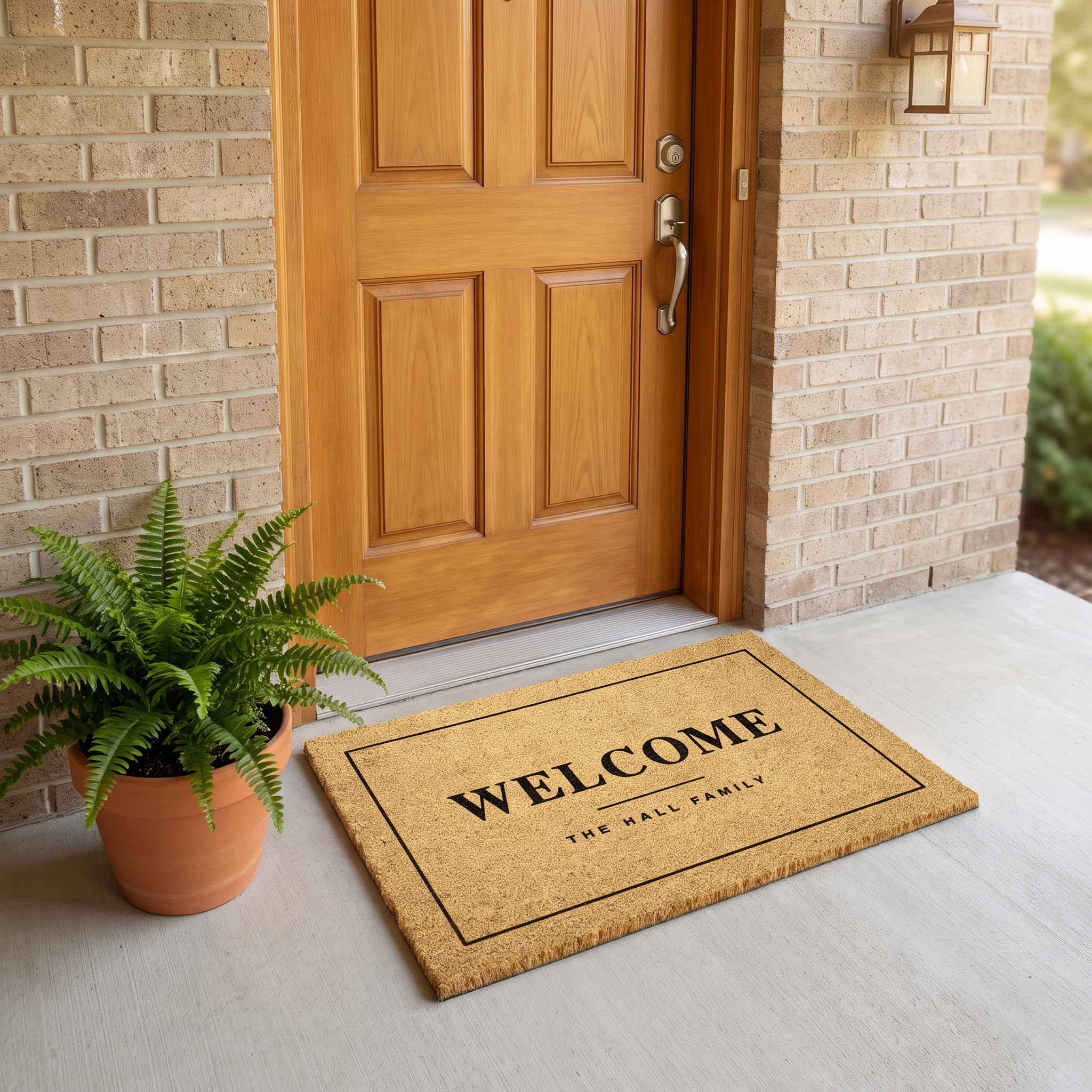 Personalized coir welcome mat with family name at a wood door on a light brick porch with a fern