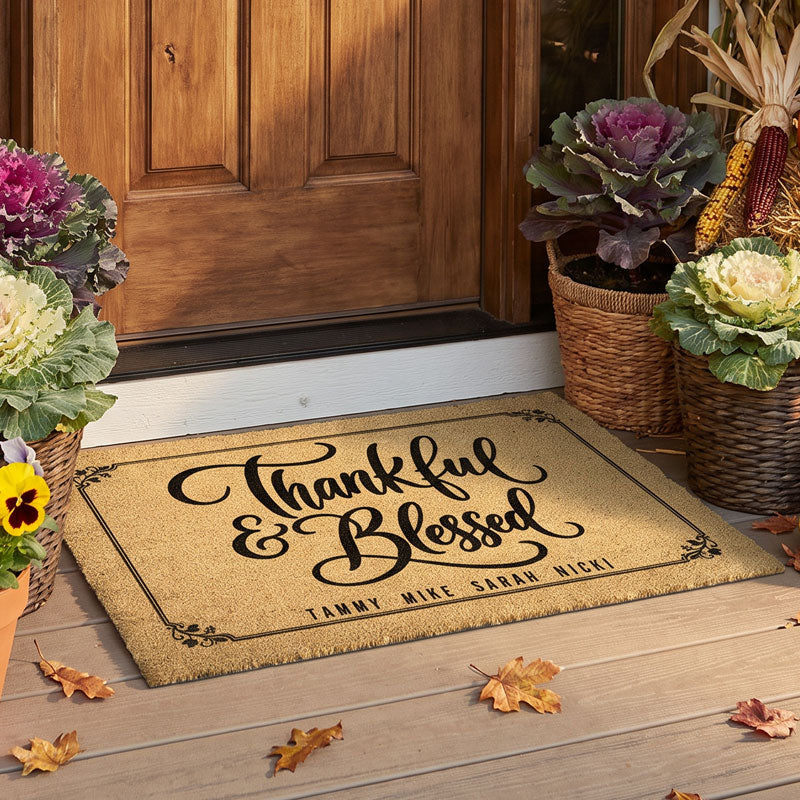 Personalized fall doormat with Thankful and Blessed design and family member names