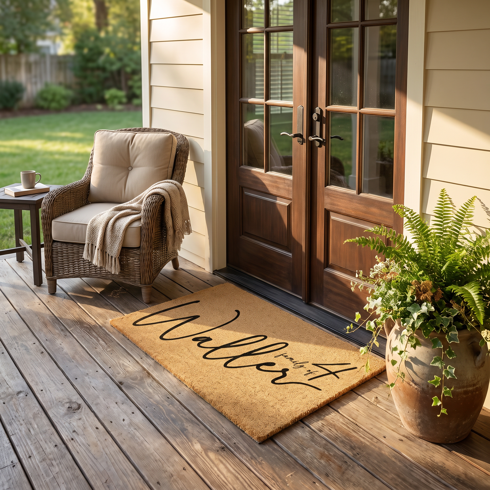 Personalized family doormat in black script on natural coir, on a wood porch with a wicker chair
