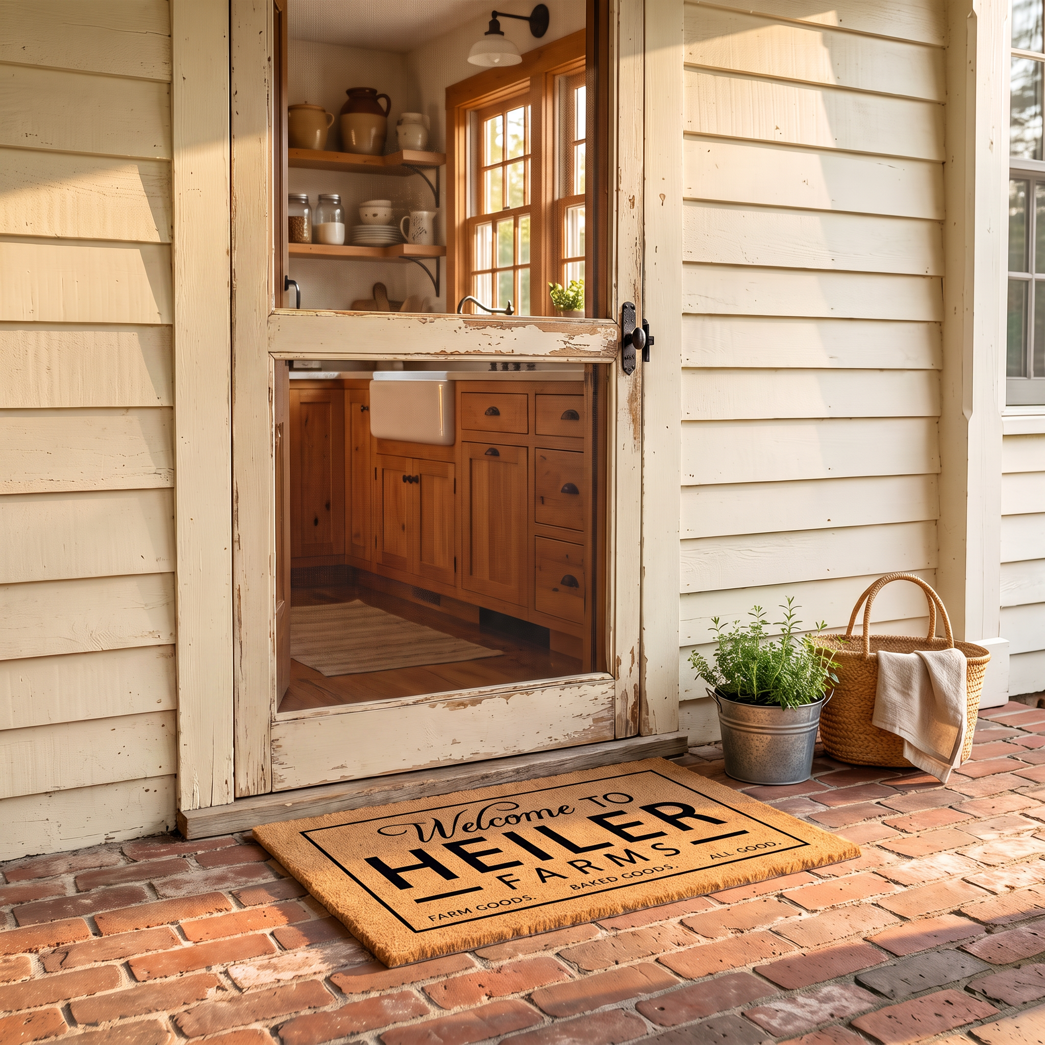 Personalized farm name doormat reading Farm Goods, Baked Goods, All Good at a farmhouse screen door