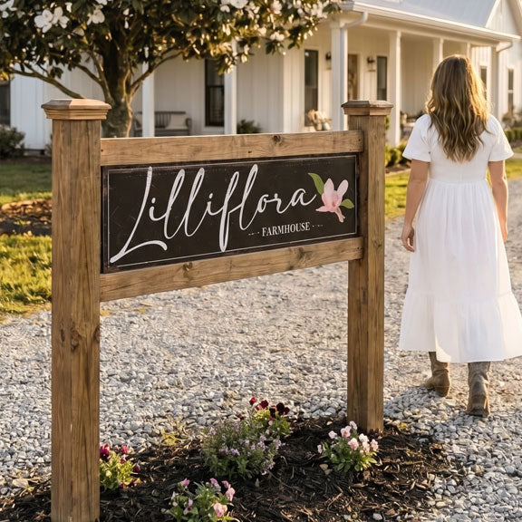 Woman in a white dress standing next to a wooden sign with 'Lilliflora Farmhouse' in front of a white house.