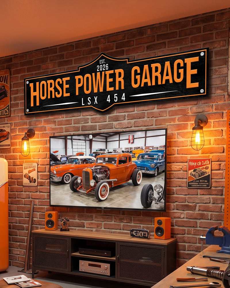 Personalized garage man cave sign on a brick wall above a TV in a home garage lounge