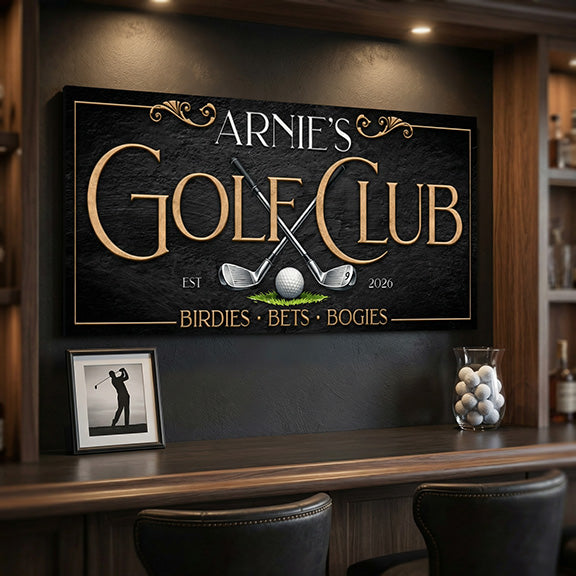 personalized golf club sign  for 'Arnie's Golf Club' in a room with golf-themed decor.