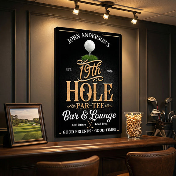 Personalized golf-themed sign for a bar and lounge with golf club decor makes a great golf gift.