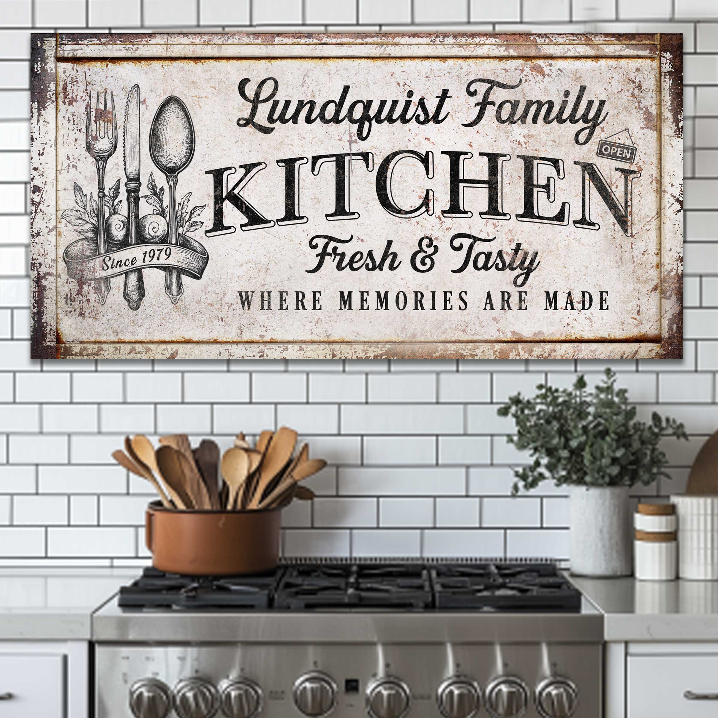 personalized kitchen sign on rustic background with personalization