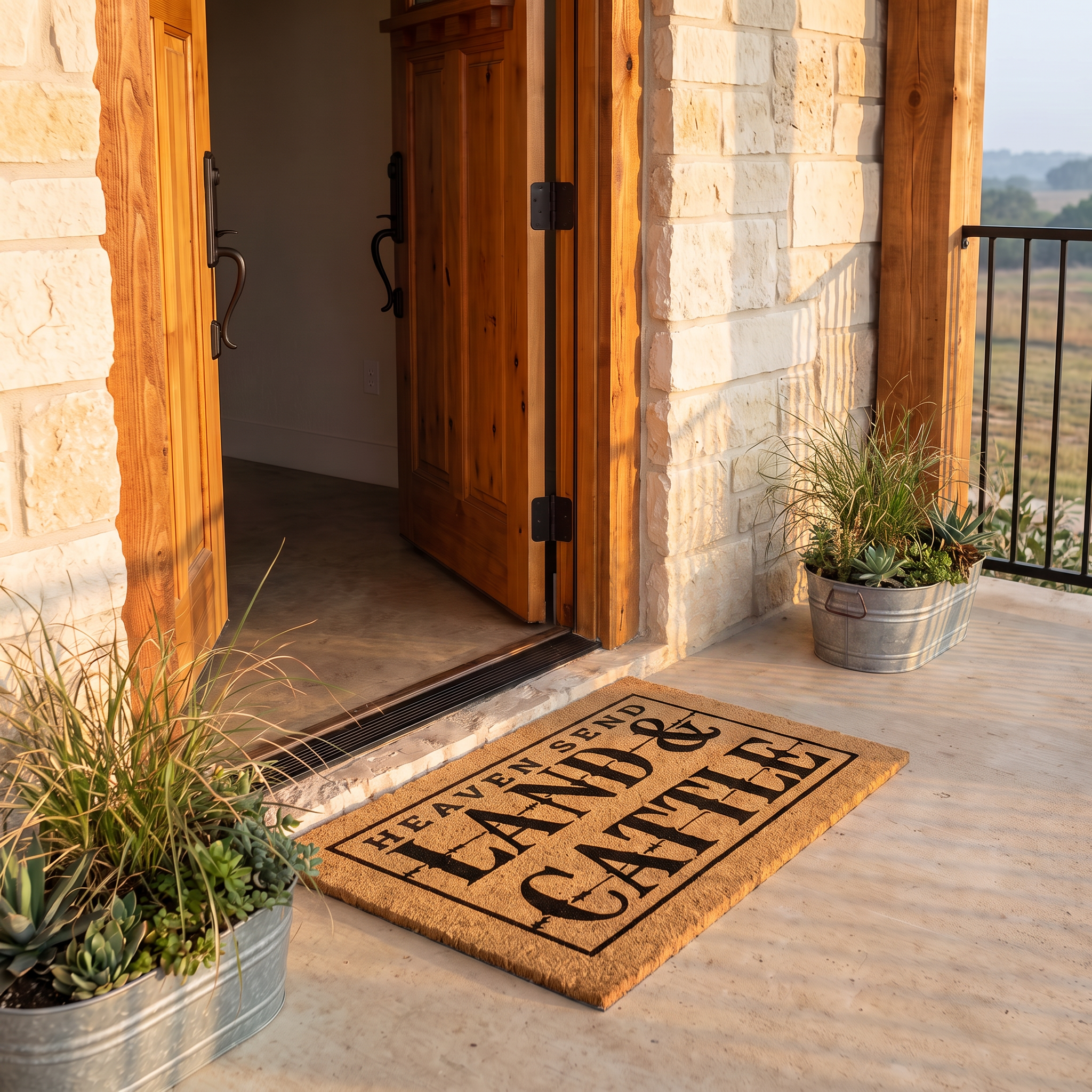 Personalized Land and Cattle doormat at an open wood door of a stone ranch house with galvanized planters
