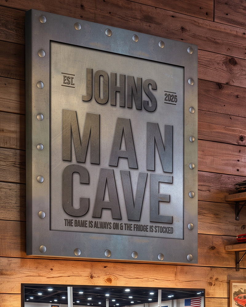 Personalized man cave decor, industrial riveted metal-look sign with name and est. year on a rustic wood wall