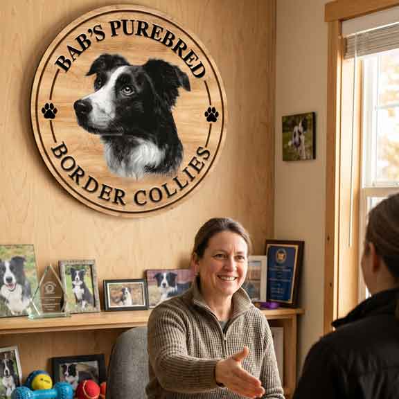 Personalized metal farm signs in background of woman shaking hands with another person in a room with a wooden sign featuring a border collie and 'Bab's Purebred Border Collies' text.