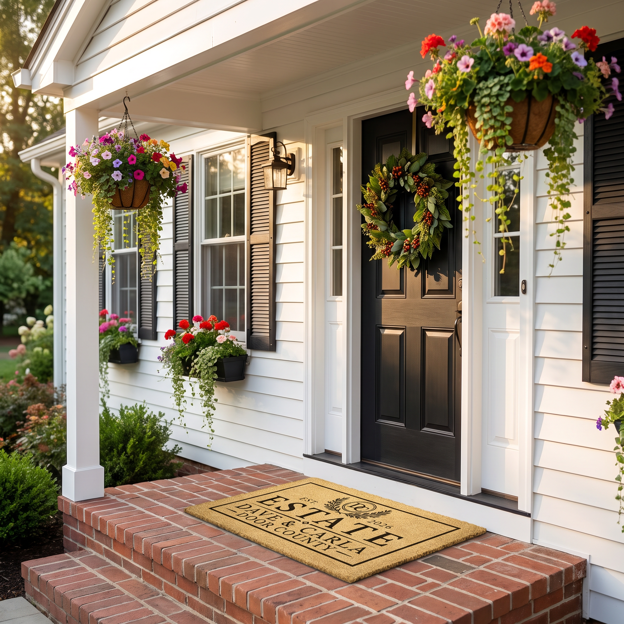 Personalized monogram estate coir welcome mat on a brick porch at a black door with hanging flowers