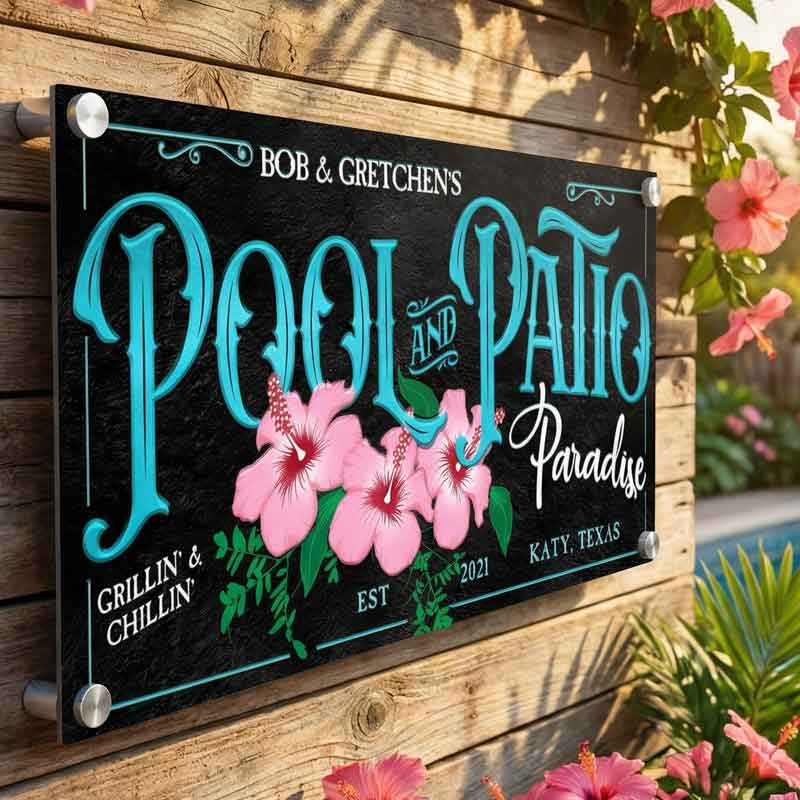 personalized pool and patio sign with pink hibiscus flower in teal and black