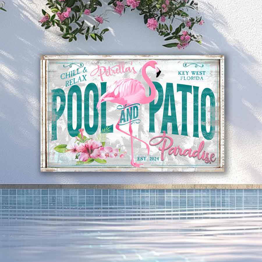 personalized pool sign on white distressed background with pink flamingo