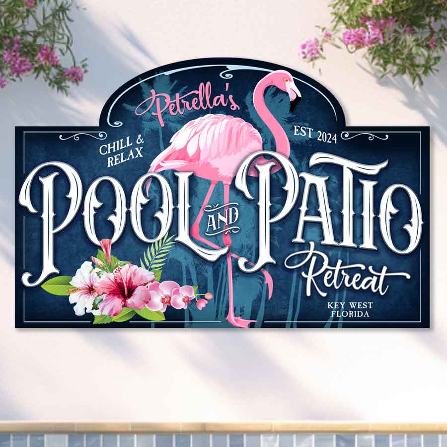 personalized pool sign with blue background and a pink flamingo and the words - Pool and Patio