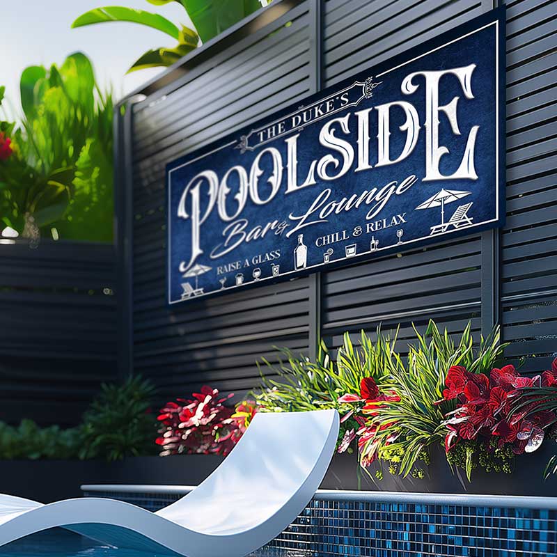 personalized pool sign that has dark blue background and words in white.