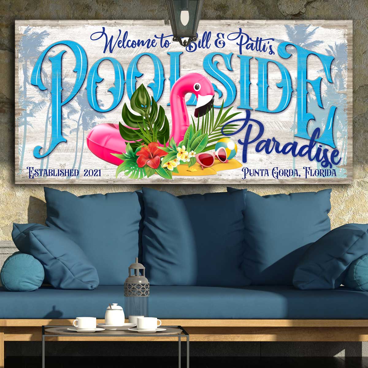 personalized pool signs on white distressed background with palm tress and a pink flamingo