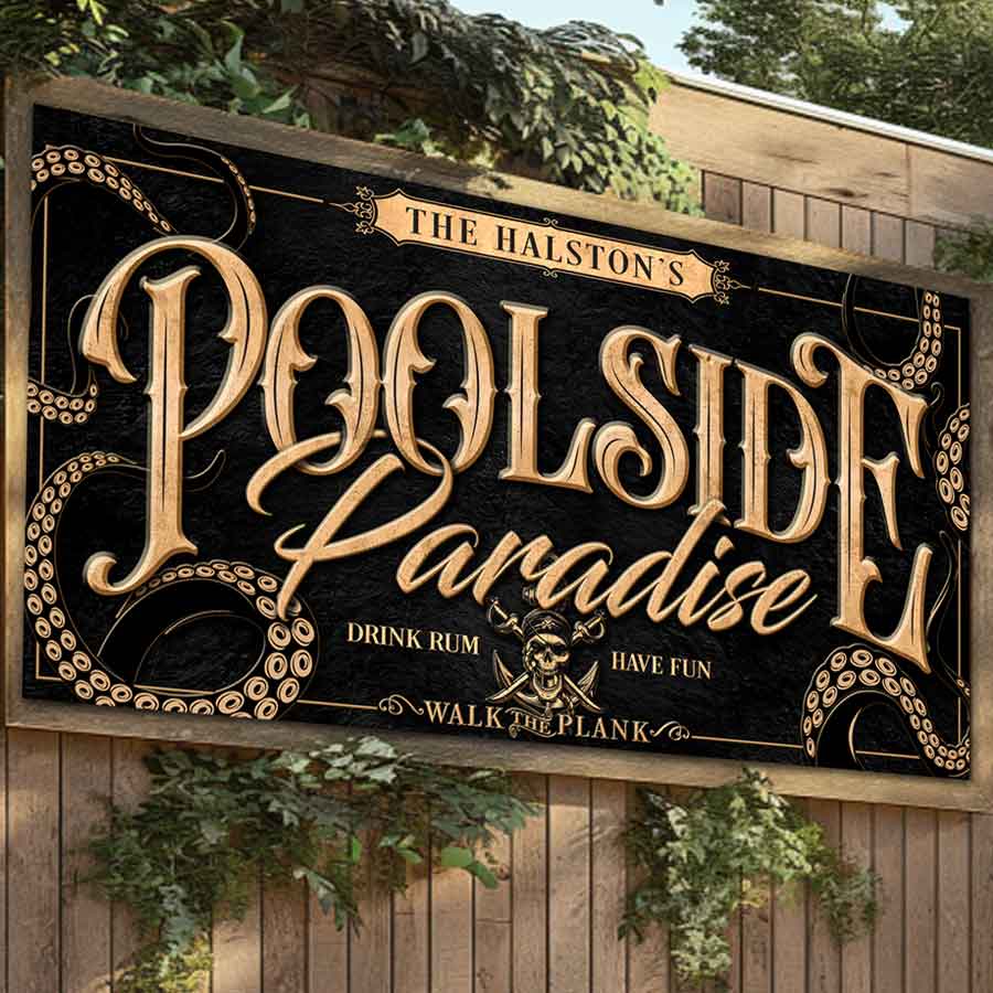 personalized pool sign with black textured background with gold letters that say Poolside Paradise - Drink Rum - Have fun