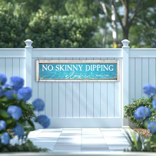 personalized pool signs that says No Skinny Dipping Alone sign on a white fence