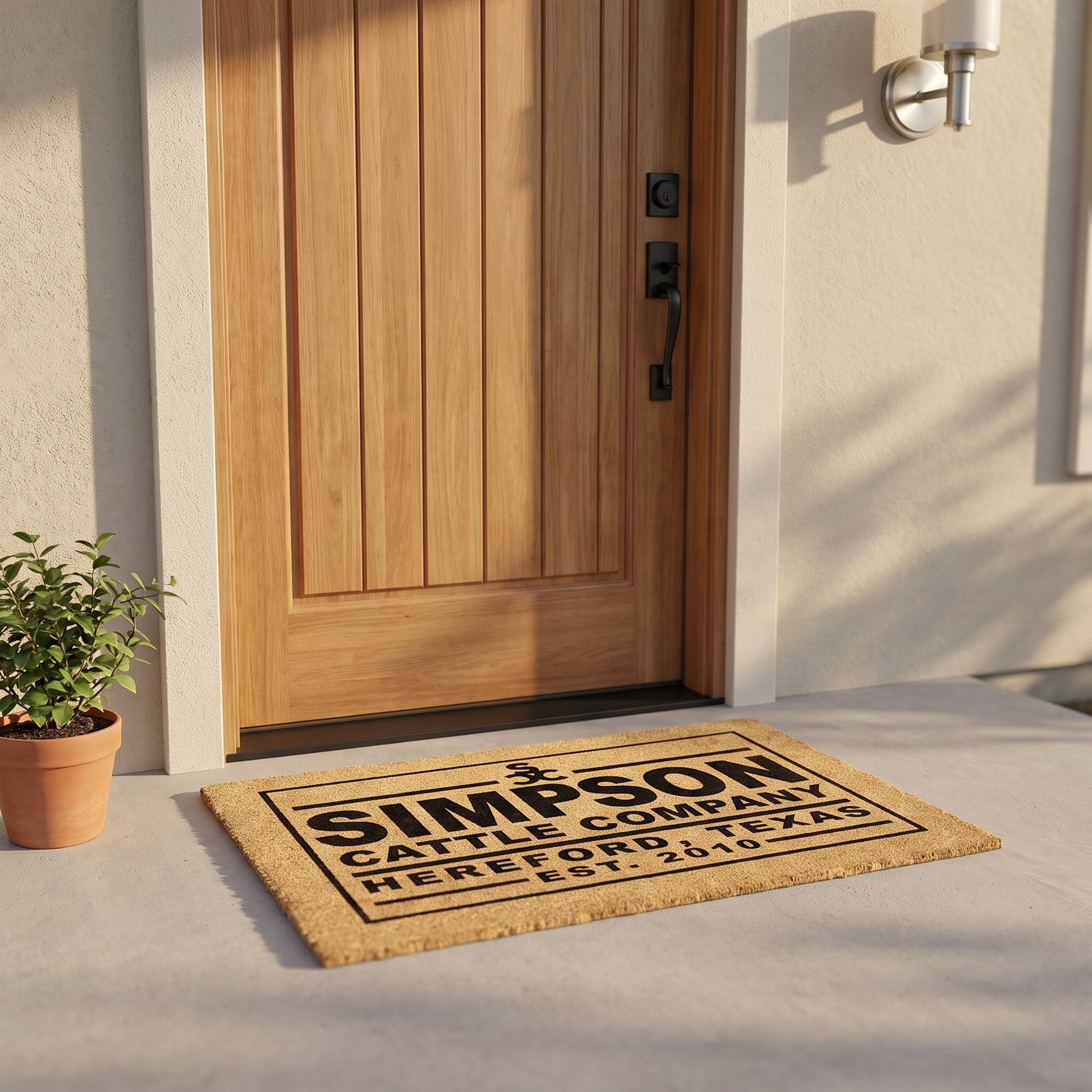 Personalized ranch name doormat reading Cattle Company at a natural oak front door