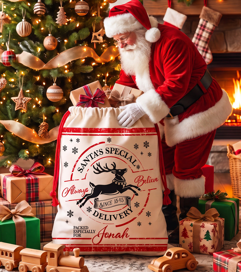 Large personalized Santa sack printed with a Santa's Special Delivery reindeer postmark, filled with gifts