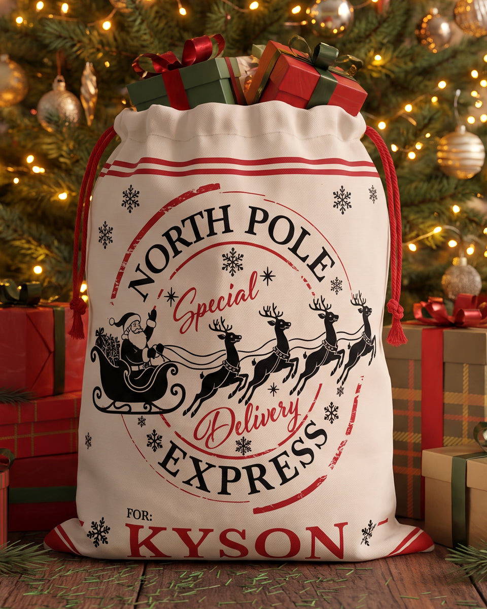 Large personalized Santa sack printed with Santa's sleigh and reindeer team, filled with wrapped gifts
