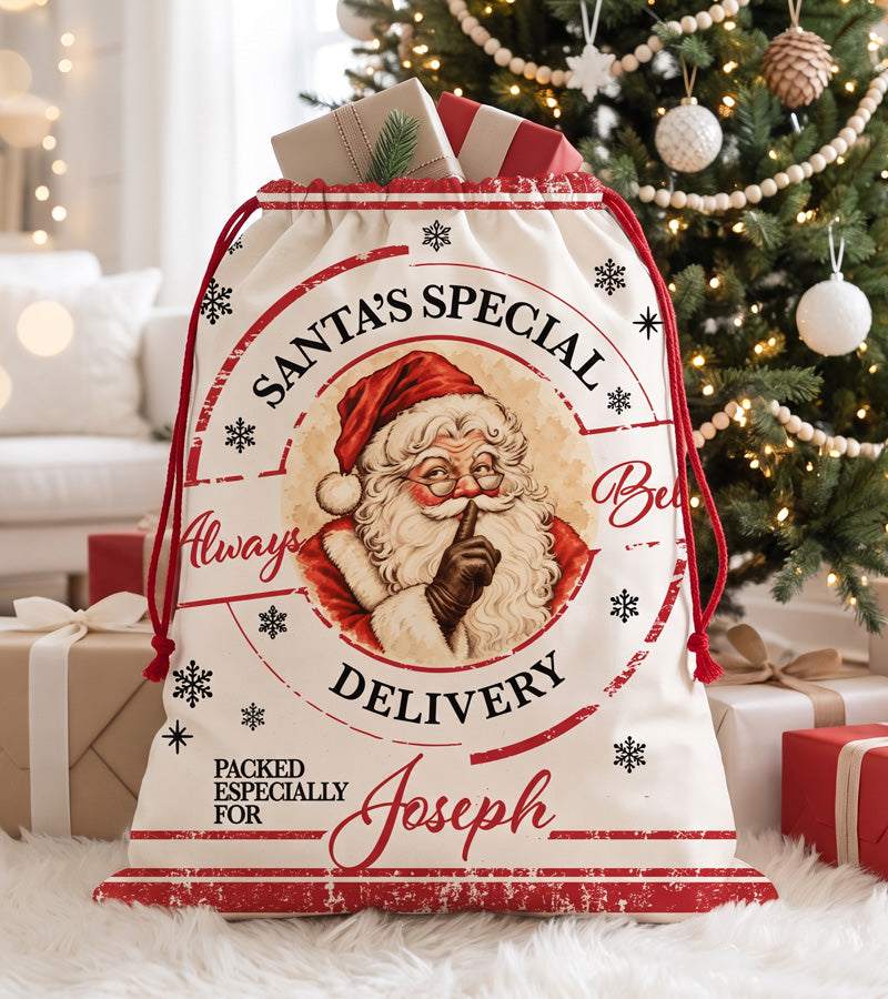 Large personalized Santa sack printed with a full colour vintage Santa in spectacles, filled with gifts