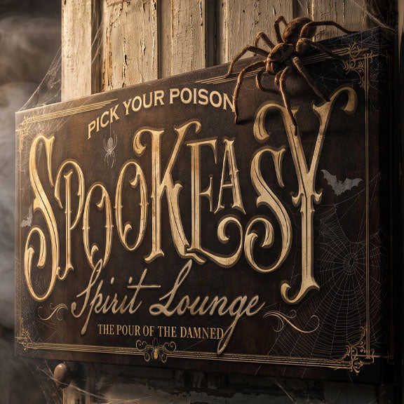 Personalized worn gold speakeasy Halloween bar sign for a haunted home bar