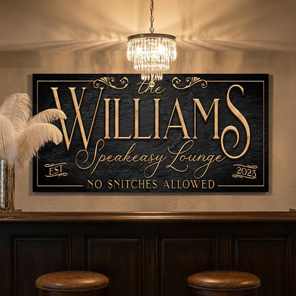 Personalized speakeasy sign for 'The Williams Speakeasy Lounge' with a chandelier above in a bar setting.