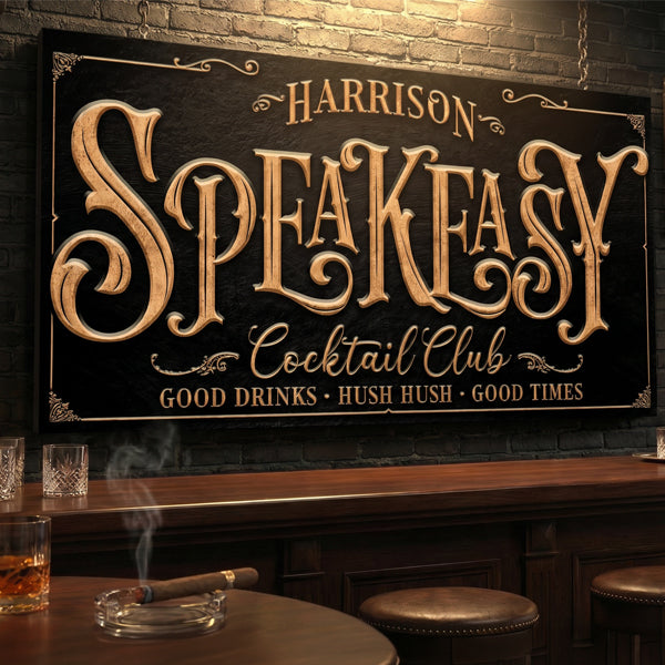 Personalized speakeasy sign for Harrison Speakeasy Cocktail Club in a bar setting.