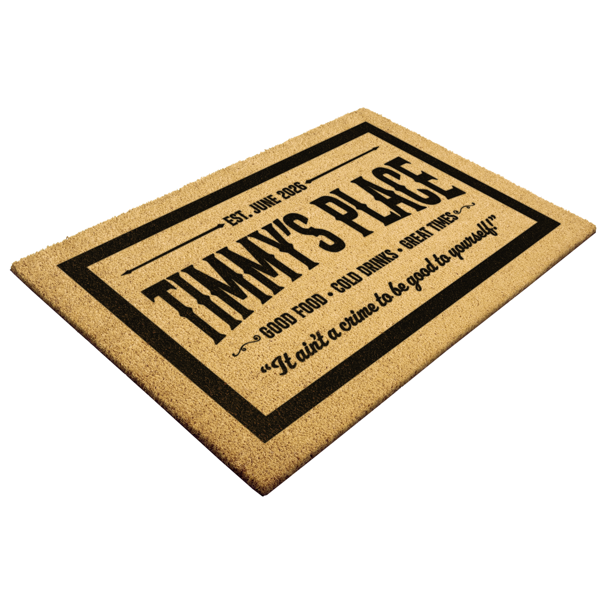 Custom coir welcome mat at an angle showing the bold black border and natural bristle texture