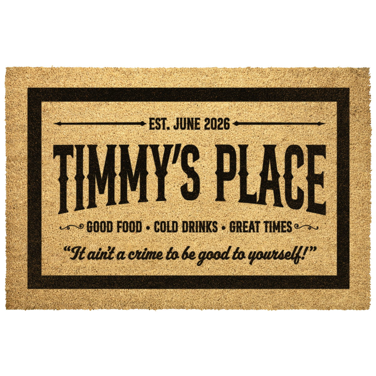 Personalized welcome mat printed in bold black on natural coir with family name, established date and a custom saying