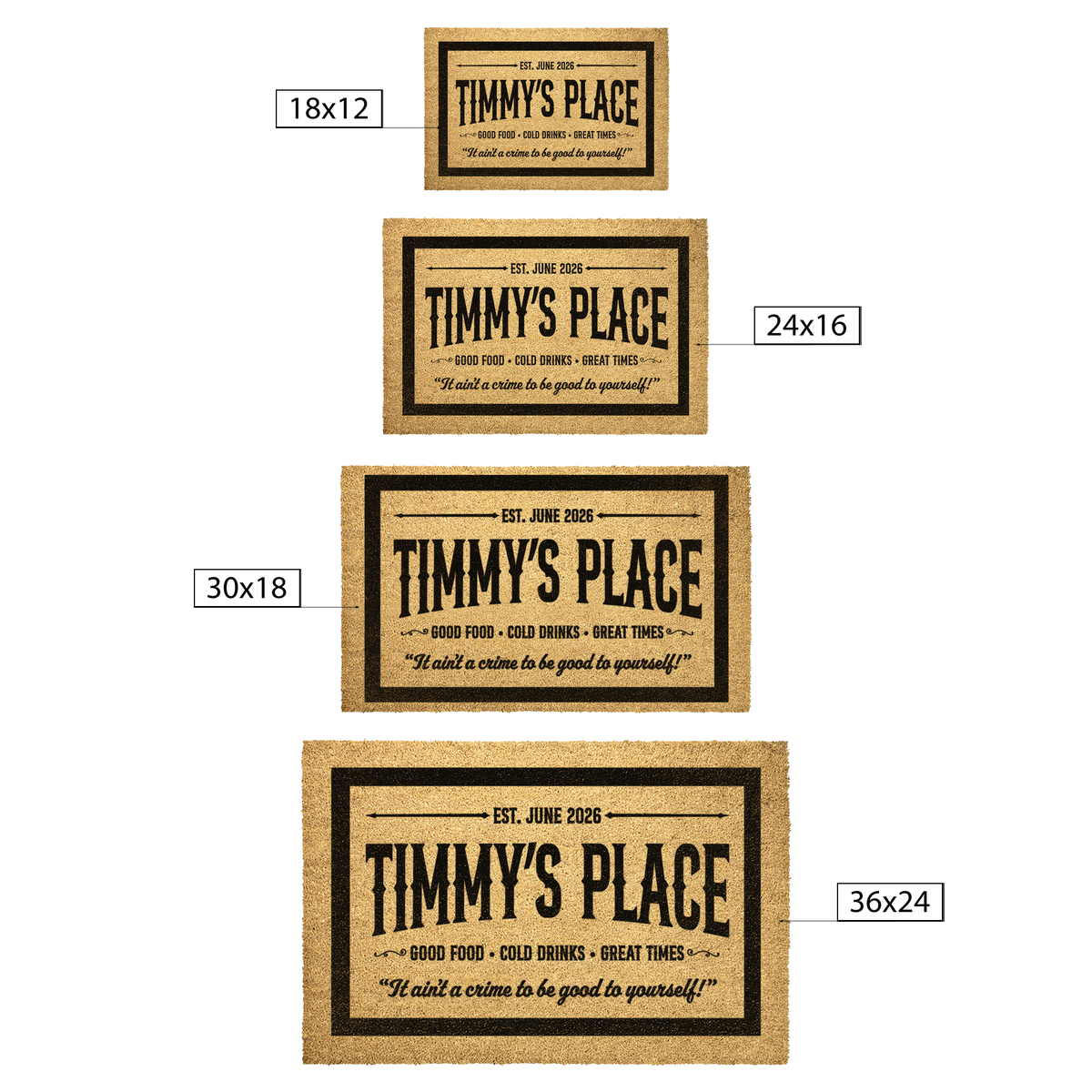 Personalized welcome mat size guide comparing 18x12, 24x16, 30x18 and 36x24 inches