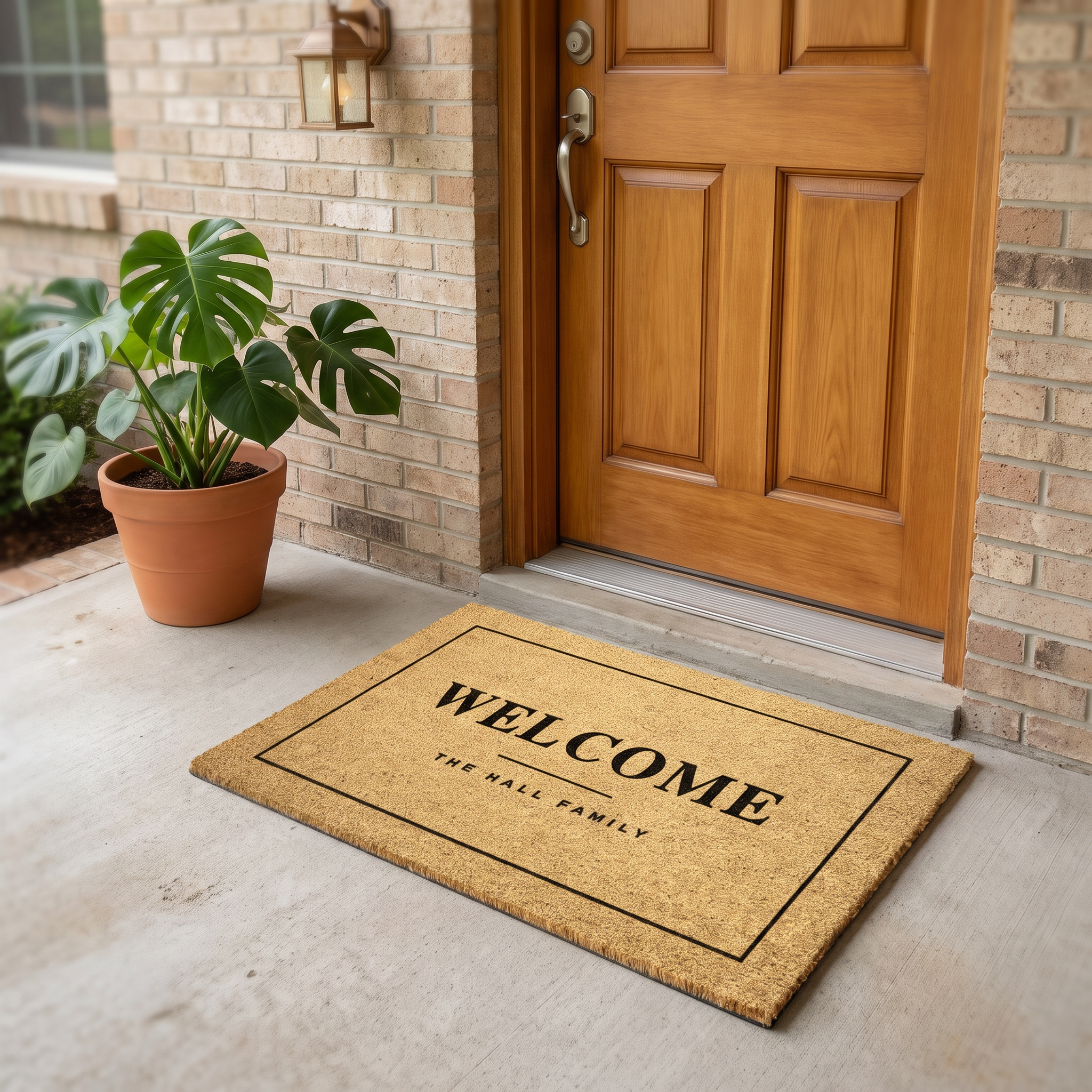 Personalized welcome mat with family name at a wood door with a monstera and copper lantern
