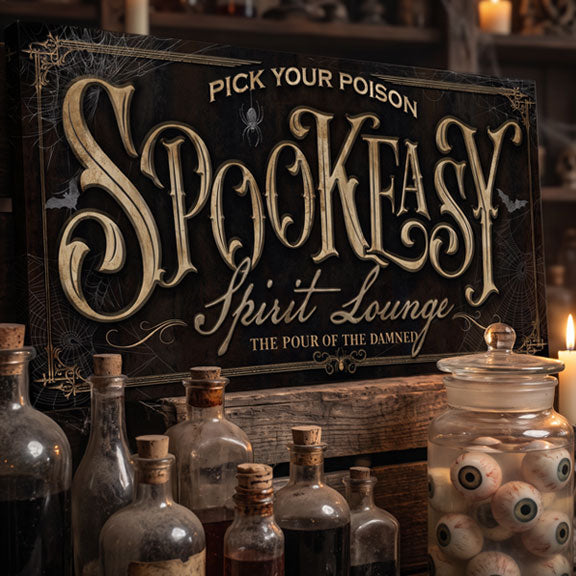 Pick Your Poison worn gold Spookeasy Halloween bar sign with apothecary bottles and a jar of eyeballs