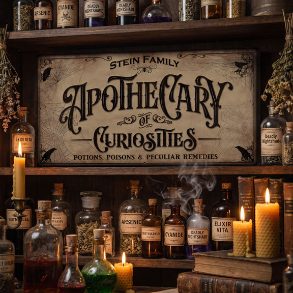Poison apothecary sign on a shelf below arsenic, cyanide and deadly nightshade bottles with lit beeswax candles