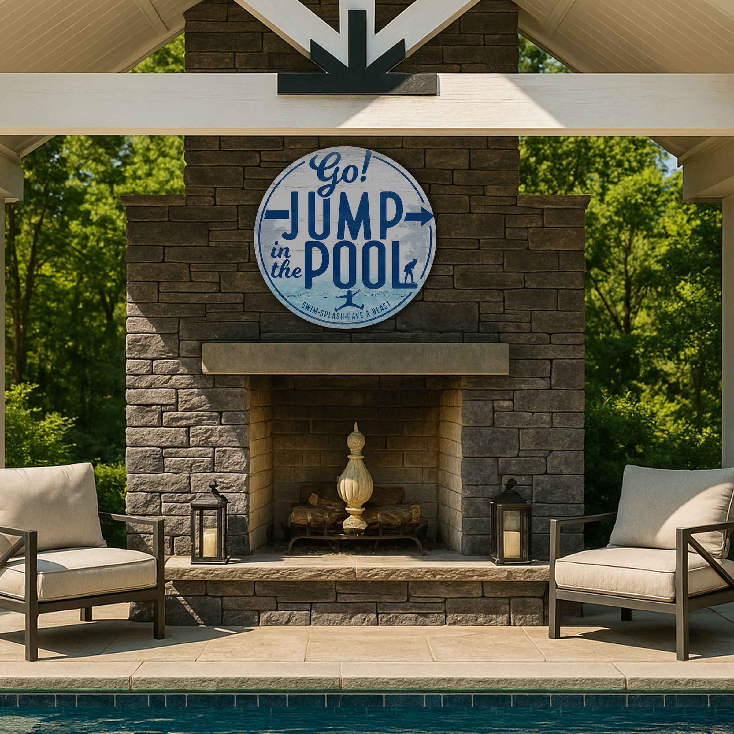 pool and patio sign on the center of a brick outdoor fireplace.
