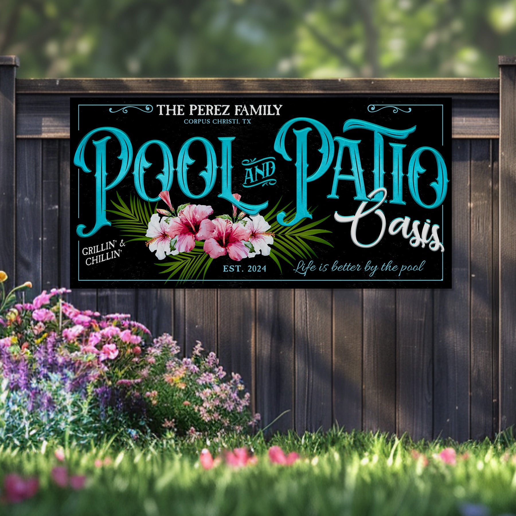 Pool and patio sign with black textured background on a dark wood fencd